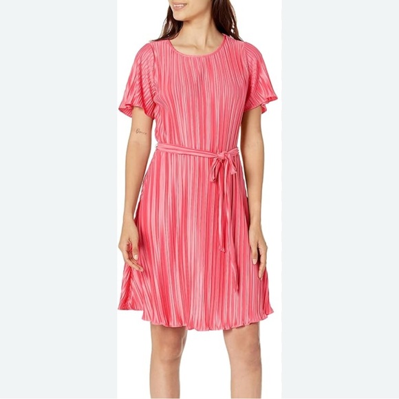 DKNY Hot Pink Pleated Swing Dress Size 14 Large Jersey Pleat Cocktail Pink Punch - Picture 1 of 9